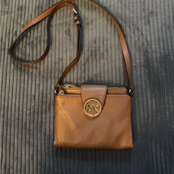 Michael Kors Handbags - Michael Kors Tan Leather MK Logo Crossbody Bag